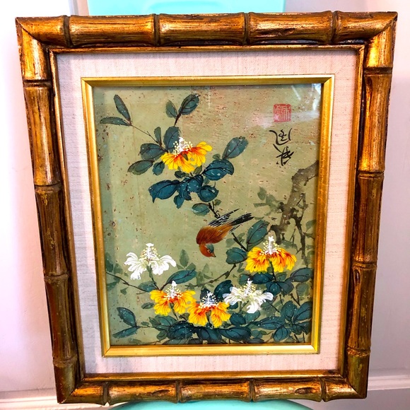 Vintage Art Vintage Gold Bamboo Framed Inquisitive Bird On Flowering Branch Cork Painting